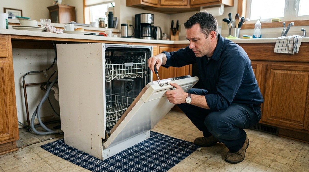 Checking the door latch on a pulled-out dishwasher