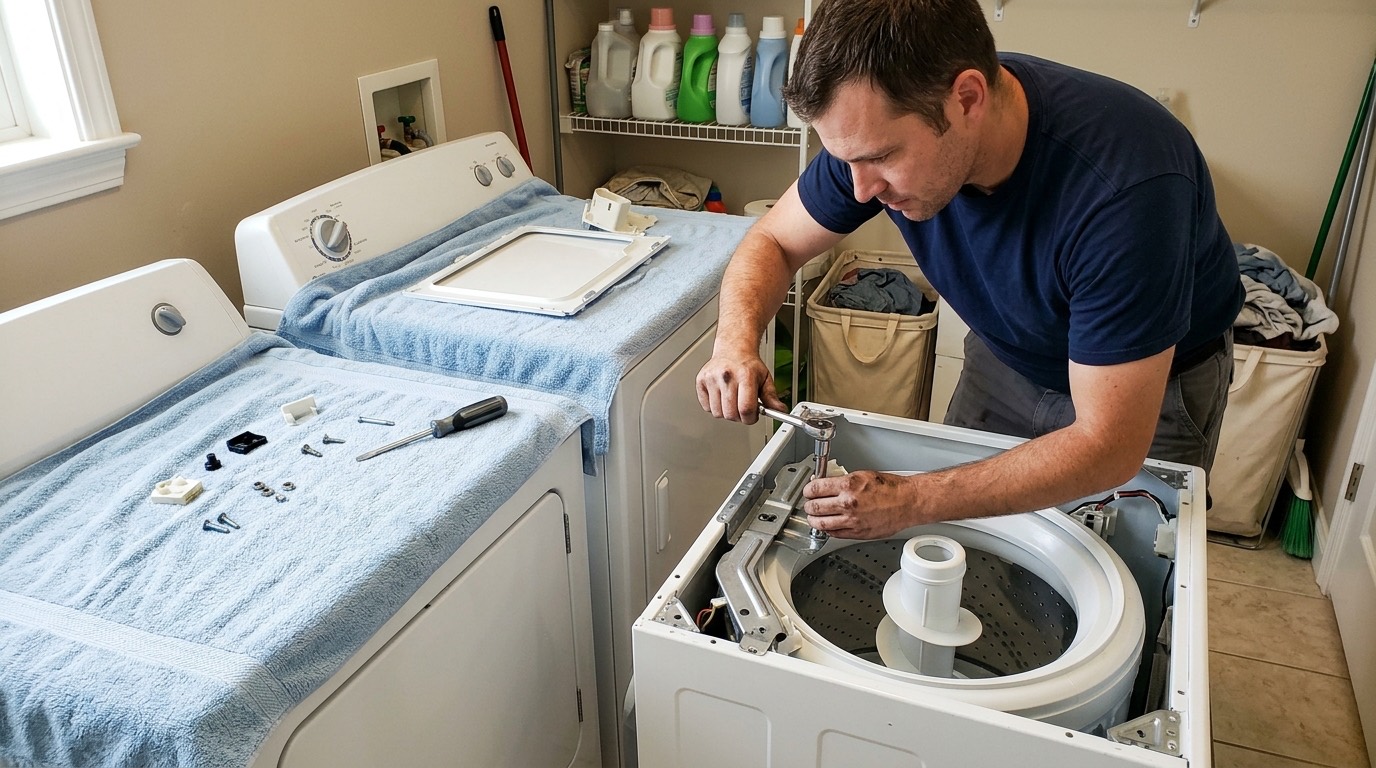 Washer repair in a home laundry room